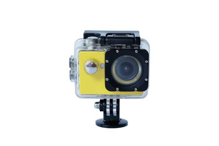 Yellow action camera cam isolated on white background.の写真素材