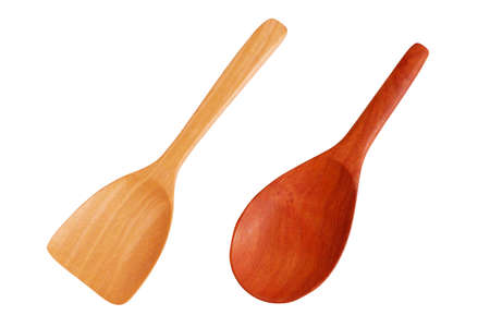 Wooden ladle and wooden spatula isolated on white background. Concept of reducing the use of plastic containers has turned to environmental protection containers.の写真素材