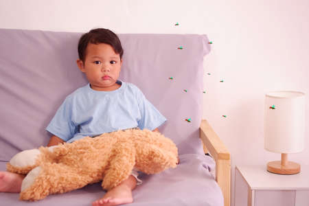 Cute asian child about 2 years old on the sofa in the living room and lots of mosquitoes are biting the little boy, Mosquitoes carry disease dengue fever and malaria.の写真素材
