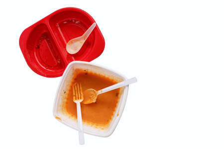 Used food box, disposable plastic containers isolated on white background. Top view, with copy space for text.の写真素材