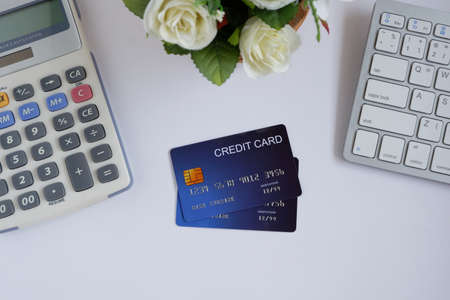 Credit card on computer keyboard with calculator and flowerpot on white desk. Concept of Online...