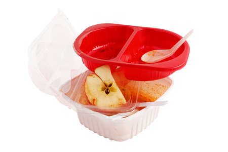 Used food box, disposable plastic containers stack isolated on white backgroundの写真素材