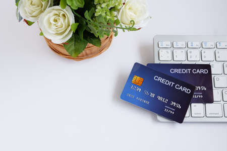 Credit card on computer keyboard and flowerpot on white desk. with copy space for text. Concept of Online shopping and payment.の写真素材