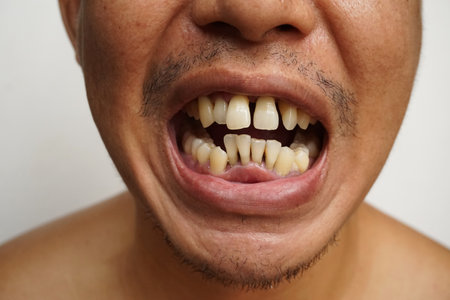 Close up Bad teeth or crooked yellow teeth, Poor dental health, Must visit a dentist to install bracesの写真素材