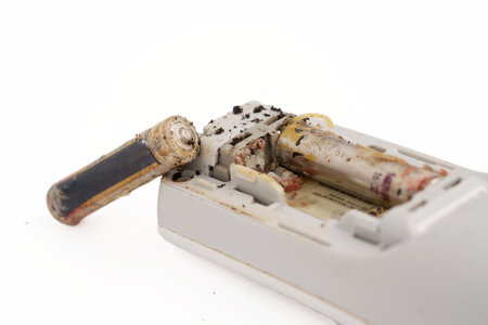 Damaged and corroded batteries in electronic devices isolated on white background.