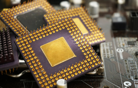 Close up old cpu microprocessor obsolete computer With gold as ingredient and motherboards. E-waste...