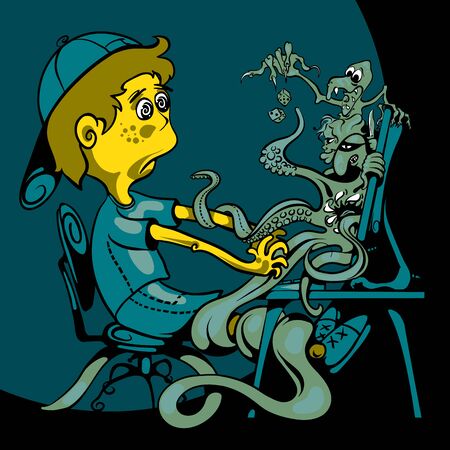 The boy sits at the computer. Monitor crawling with monsters and game charactersのイラスト素材