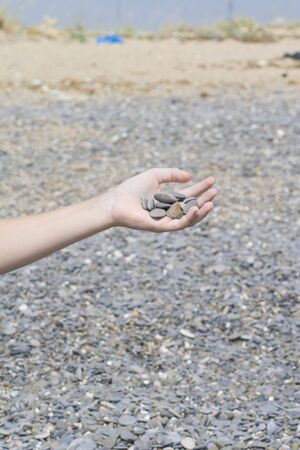 The girl pours out a pebble from a handの写真素材