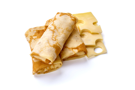 pancakes with cheese are isolated on a white backgroundの写真素材