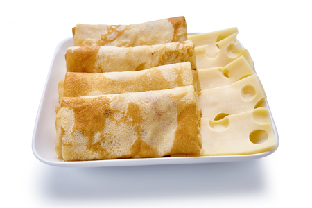 pancakes with cheese are isolated on a white backgroundの写真素材