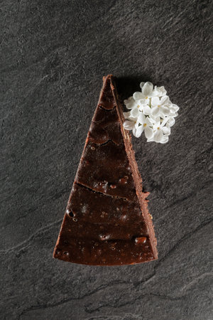 chocolate triangular-shaped cake with chocolate cream, beautifully decorated with a flower, on a gray stone backgroundの写真素材