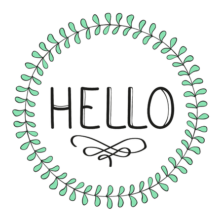 Hello lettering in hand drawn round frame. Handwritten Illustration. Hello cardのイラスト素材