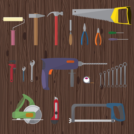 Set of construction and repair tools vector illustration in flat style on wood textured backgroundのイラスト素材