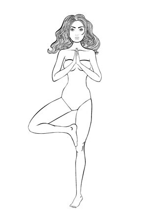 Yoga pose illustration. Young beautiful woman doing Vriksasana. Coloring page templateのイラスト素材