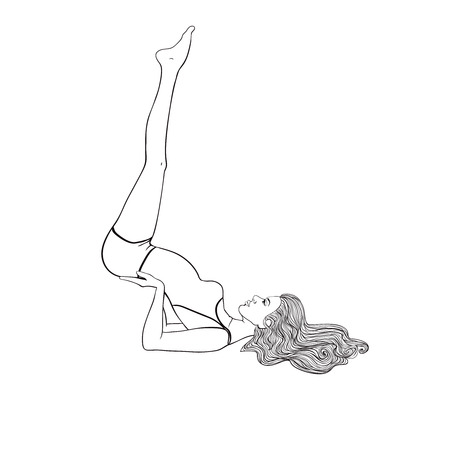 Yoga pose illustration. Young beautiful woman doing Viparitakarani. Coloring page templateのイラスト素材