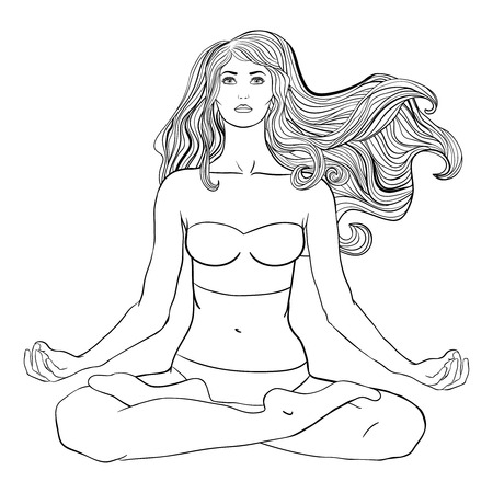 Yoga pose illustration. Young beautiful woman doing Padmasana (lotus). Coloring page templateのイラスト素材
