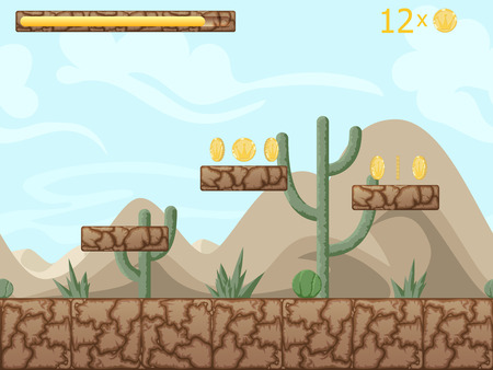 Mountain and desert seamless background illustration for mobile app, web, game with cactuses and game elements. Vector screen template with gui elements.のイラスト素材