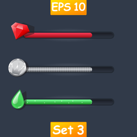 Set of vector game resource bar. Cartoon diamond, silver coin and magic potion or some liquids.のイラスト素材
