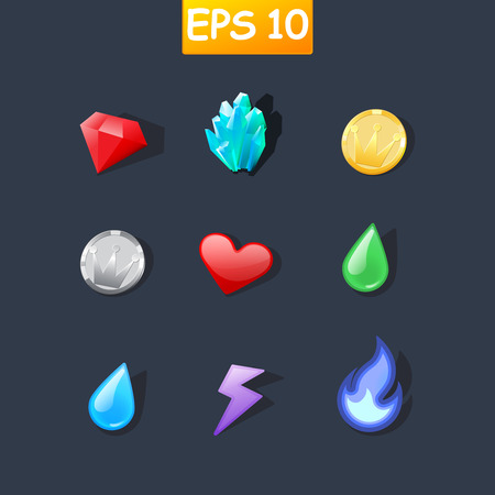 Cartoon icons for game user interface. Vector set of game resources iconsのイラスト素材