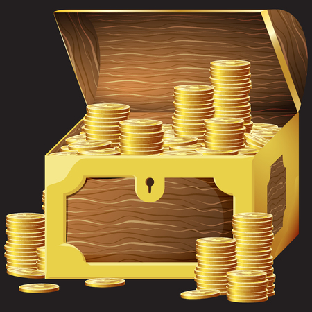 Game icon of gold coins in chest. Gui asset elements collection. Vector illustration isolated on black background.のイラスト素材