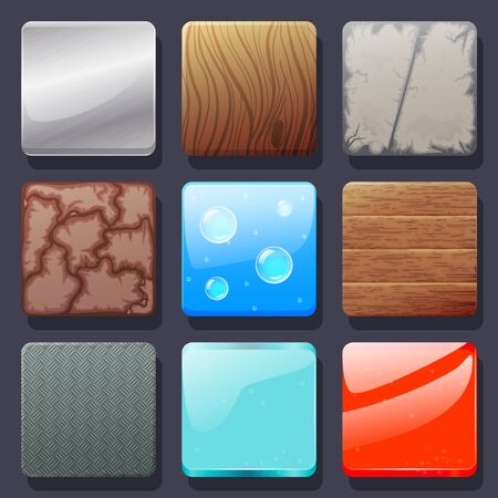 Set of colorful vector textured icons. Metallic, wooden, stone, water, icy jelly backgrounds for the app icons.のイラスト素材