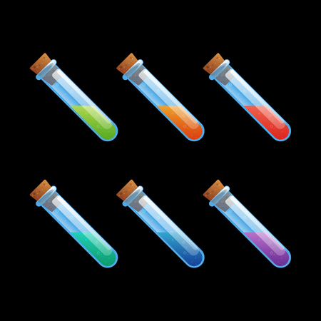 Set of different color flask, test-tube, bottles game icons. Cartoon vector illustration to create mobile or web games, graphic design. Asset for app user interface isolated on black background.のイラスト素材
