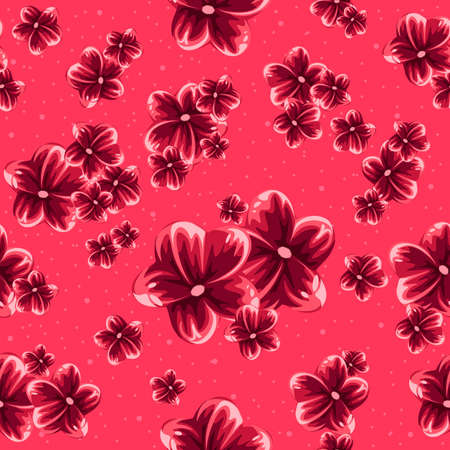 Pink cherry blossom seamless pattern for spring, oriental and hawaiian prints. Hibiscus or tropical pensie, japanese landscape vector.のイラスト素材
