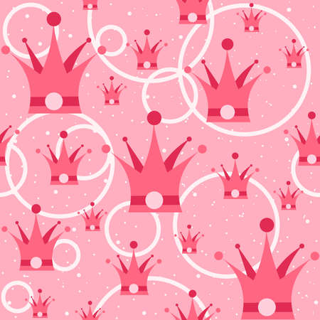 Layered pink crowns for kids. Girly objects of princess seamless pattern with dots and circles on the background.のイラスト素材