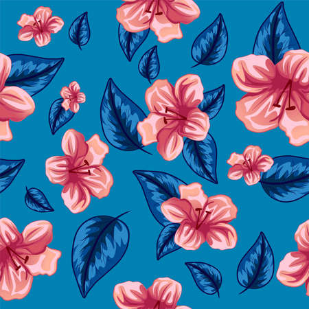 Seamless pattern of tropical pink flowers and leaves. Hibiscus and palm tree pink and blue vector for printing.のイラスト素材