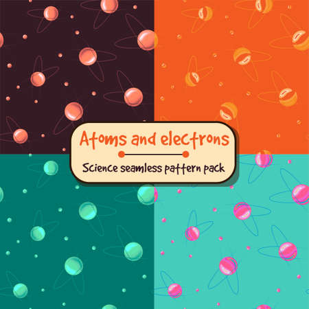 Atoms and electrons science seamless pattern pack. Repetitive pattern with round core and energy on the edgeのイラスト素材