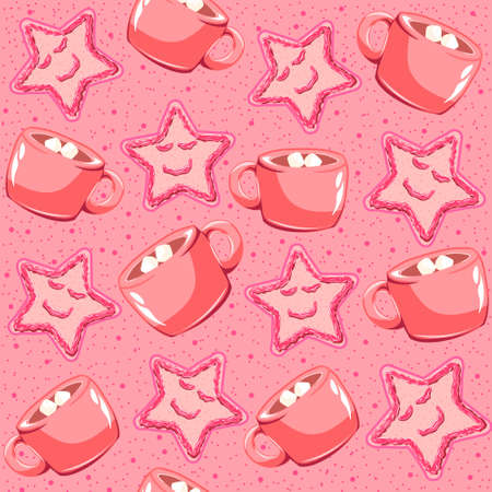 Pink gingerbread with strawberry jam with marshmallow hot chocolate. Cute kawaii seamless pattern for christmas holidays and winter holidays. Cinnamon star shaped bread illustration.のイラスト素材