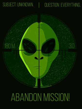 Green alien head under a hunter's sniper poster. Banner of an outer space sci-fi creature being...