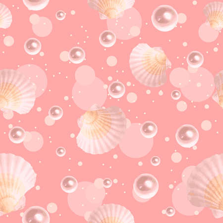 Seashells and pearls on a pastel seamless pattern with pink circles and bubbles. Repetitive background with water marine lifeのイラスト素材