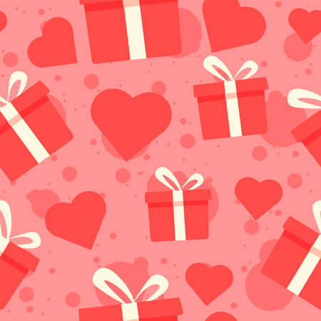 Gift boxes and red hearts seamless pattern. Repetitive background with presents and pink decorationsのイラスト素材