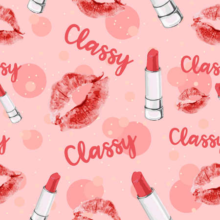 Lips, kisses and lipstick with classy text, seamless pattern. Repetitive pink background for Valentine's day, beauty and fashion world.のイラスト素材