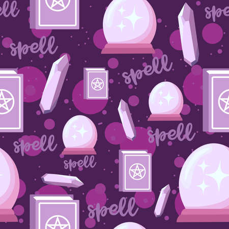 Alchemy seamless pattern with spell books, amethyst crystals and magic globe. Repetitive pink and...