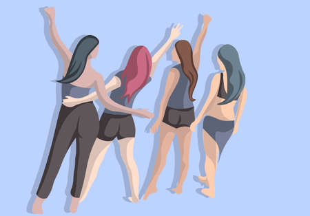 Group of four friends posing from the back side. Women, human anatomy from the back side, flat illustration.のイラスト素材