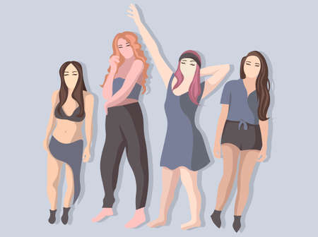 A group of friends posing. Front view of women positions standing. Four girl characters wearing summer outfits.のイラスト素材