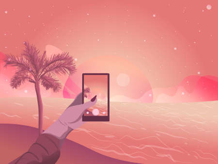 Flat illustration of a woman hand taking a picture of the sunset on the beach. Summer sky and stars landscapeのイラスト素材