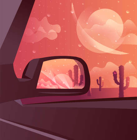 Desert sunset landscape with cactus's under twilight seen through  rear view mirror of the car.のイラスト素材