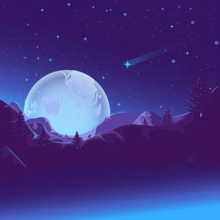 Mountain lake glowing under the light of the moon