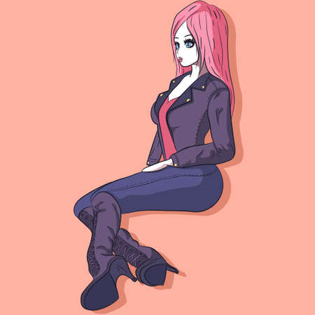 Anime girl with pink hair wearing a bohemian country outfit. Woman wearing a biker jacket and leather boots.のイラスト素材
