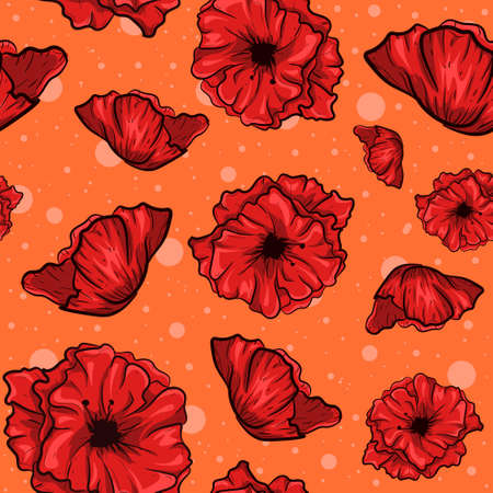 Layered illustration of poppy flowers. Seamless pattern with red plants in bloom, spring season concept.のイラスト素材