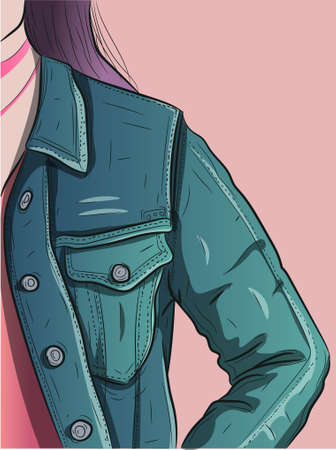 Close up image of a denim jacket. Urban style woman wearing blue jeans clothing .のイラスト素材