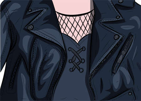Closeup image of a woman wearing a leather jacket. Rocker girl wearing a fishnet shirt.のイラスト素材