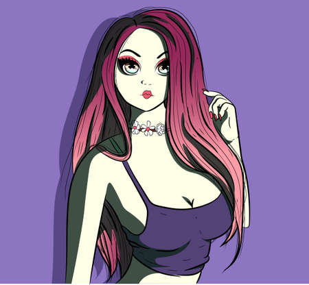 Anime grunge girl wearing a purple sport bra. Manga style avatar with a goth look.のイラスト素材