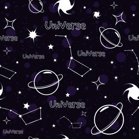 Universe, stars and planets sketch doodles. Starry sky seamless pattern.