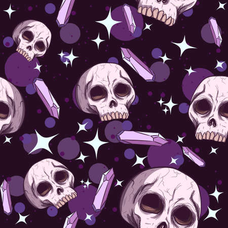 Skulls, amethysts and stars seamless pattern. Repetitive occult and wiccan backgroundのイラスト素材