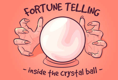Occult vector of woman hands and a crystal ball. Fortune teller predicting the future.のイラスト素材