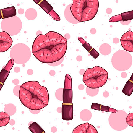 Pink seamless pattern with lips and lipstick. Feminine repetitive background.のイラスト素材